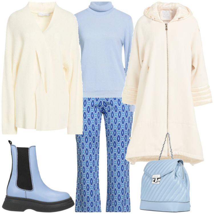 Outfit donna - Cielo e Neve. Stile Bon Ton per Tutti i giorni. Abbinamento con stivaletti, cappotti, zaini, maglieria, pullovers, pantaloni.