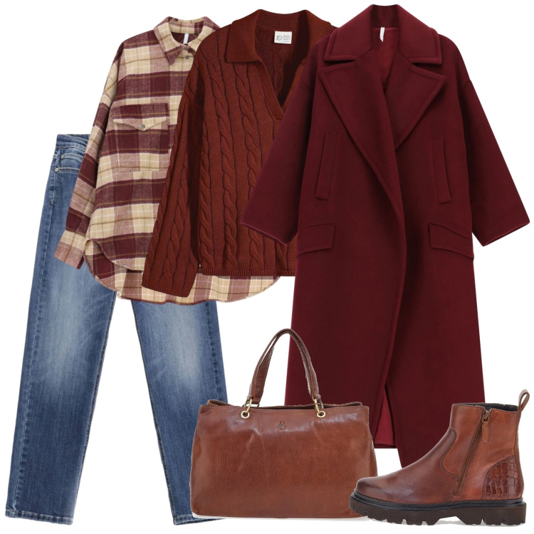 Outfit donna - Strati bordeaux. Stile Casual per Tutti i giorni. Abbinamento con maglieria, jeans, camicie, cappotti, stivaletti, borse a tracolla.