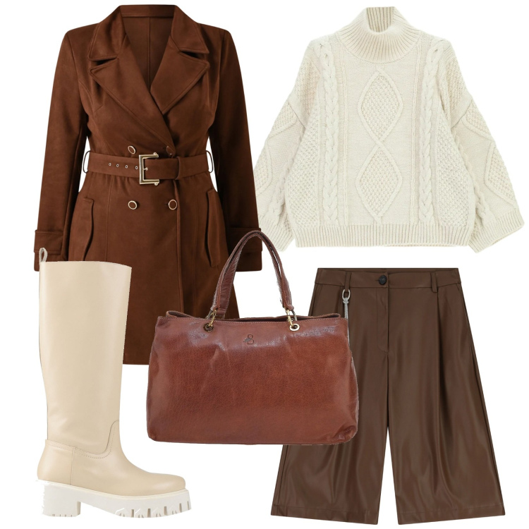 Outfit donna - Stivali + bermuda. Stile 70s per Tutti i giorni. Abbinamento con stivali, bermuda, maglieria, trench, borse a tracolla.