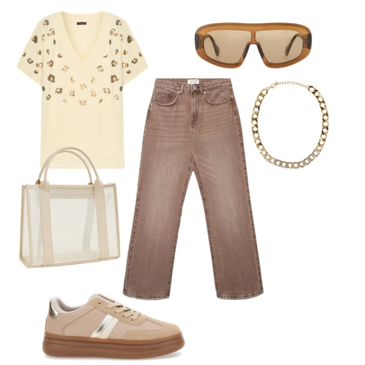 Outfit donna - Comoda con stile. Stile Casual per Tutti i giorni. Abbinamento con borse tote, collane, jeans dritti, occhiali da sole, t-shirt, sneakers.