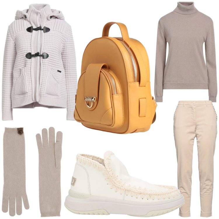 Outfit donna - Gennaio in montagna. Stile Basic per Tutti i giorni. Abbinamento con pantaloni, montgomery, guanti, zaini, maglieria, stivaletti.