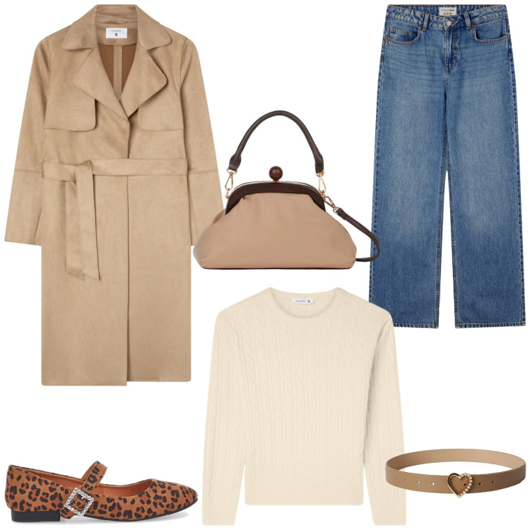 Outfit donna - Jeans e ballerine. Stile Casual chic per Tutti i giorni. Abbinamento con jeans, trench, cinture, maglieria, clutch, ballerine.