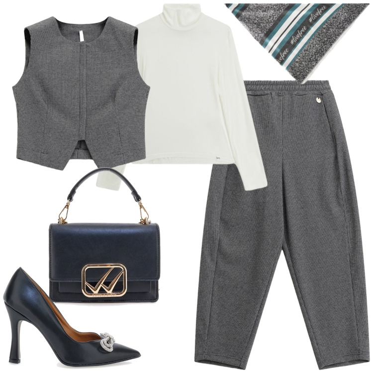 Outfit donna - City. Stile Urban per Tutti i giorni. Abbinamento con gilet, maglieria, pantaloni, décolleté, borse a tracolla, foulard.