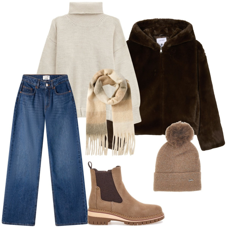 Outfit donna - Total look #2324498. Stile Casual per Tutti i giorni. Abbinamento con maglieria, ecopellicce, jeans, sciarpe, stivaletti chelsea, berretti.