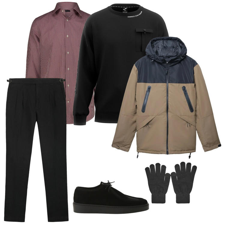 Outfit uomo - Freddo. per Tutti i giorni. Abbinamento con bomber, guanti, scarpe stringate, camicie, felpe, pantaloni.