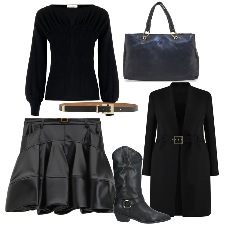 Outfit donna - Back in black. Stile Casual chic per Serata fuori. Abbinamento con stivali, minigonne, cinture, trench, maglieria, borse a mano.