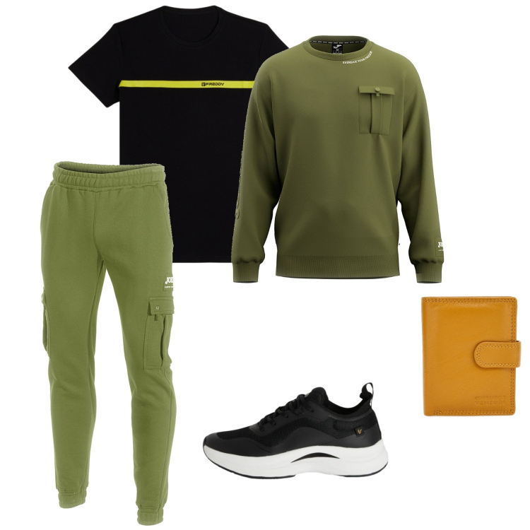 Outfit uomo - Al parco. per Sport. Abbinamento con sneakers, t-shirt, portafogli, felpe, pantaloni.