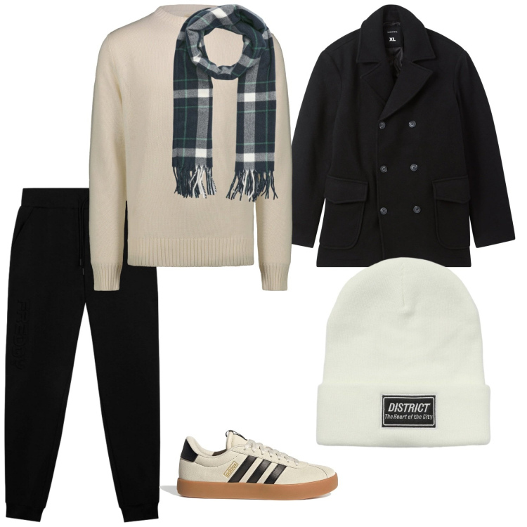 Outfit uomo - Nero e bianco. per Tutti i giorni. Abbinamento con sciarpe, berretti, caban, pantaloni, maglieria, sneakers.