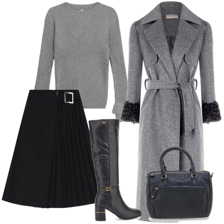 Outfit donna - Total look #2324505. Stile Casual chic per Tutti i giorni. Abbinamento con gonne longuette, maglieria, cappotti, stivali, borse a tracolla.