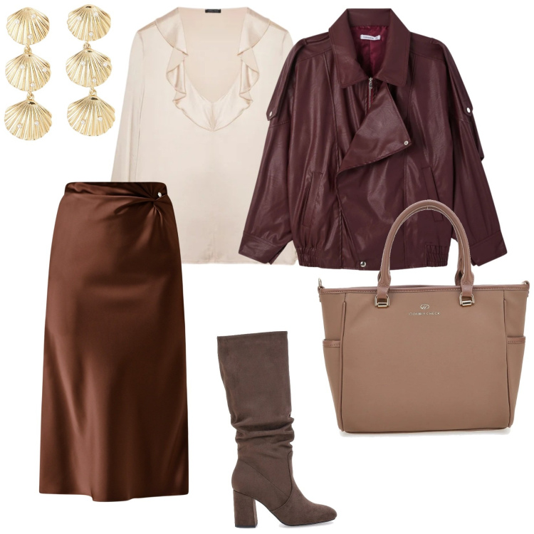 Outfit donna - Per tutti i giorni. per Tutti i giorni. Abbinamento con giacche, orecchini, gonne longuette, borse a tracolla, stivali sopra il ginocchio, bluse.