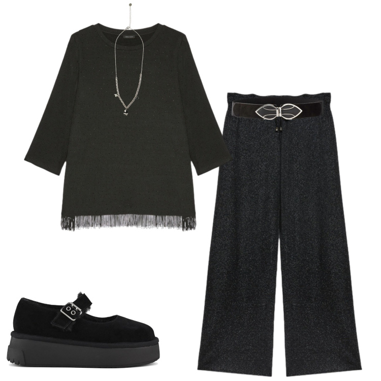 Outfit donna - Maglia con le frange. Stile Basic per Ufficio. Abbinamento con cinture, ciondoli, pantaloni, décolleté, bluse.