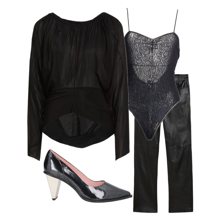 Outfit donna - Elegantemente rock curvy. Stile Rock per Serata fuori. Abbinamento con pantaloni, top, body, décolleté.