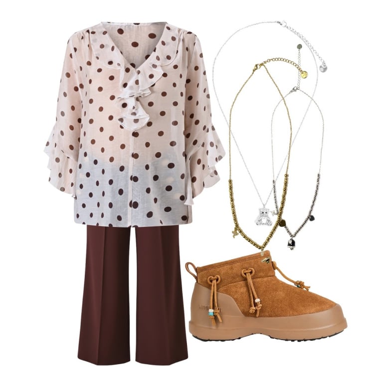 Outfit donna - Valorizzarsi con i bijou. Stile Boho per Tutti i giorni. Abbinamento con stivali da neve, ciondoli, ciondoli, ciondoli, bluse, pantaloni a palazzo.