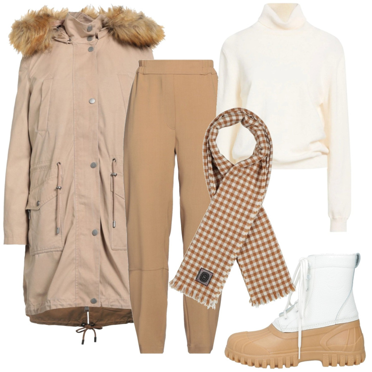 Outfit donna - Aria frizzantina. Stile Casual per Tutti i giorni. Abbinamento con maglieria, sciarpe, pantaloni, parka, stivaletti.