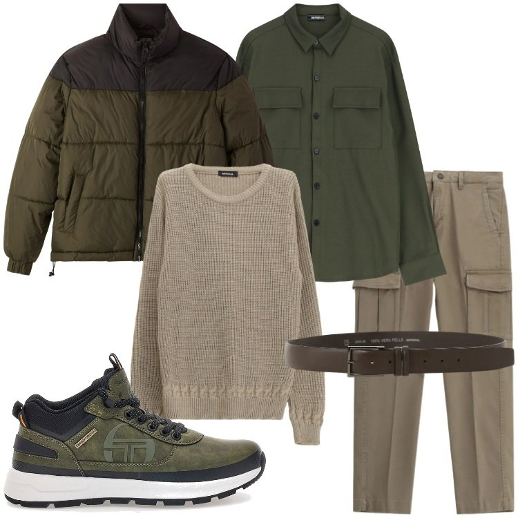 Outfit uomo - Gennaio senza fretta. Stile Trendy per Ufficio. Abbinamento con bomber, maglieria, camicie, pantaloni cargo, cinture, sneakers.