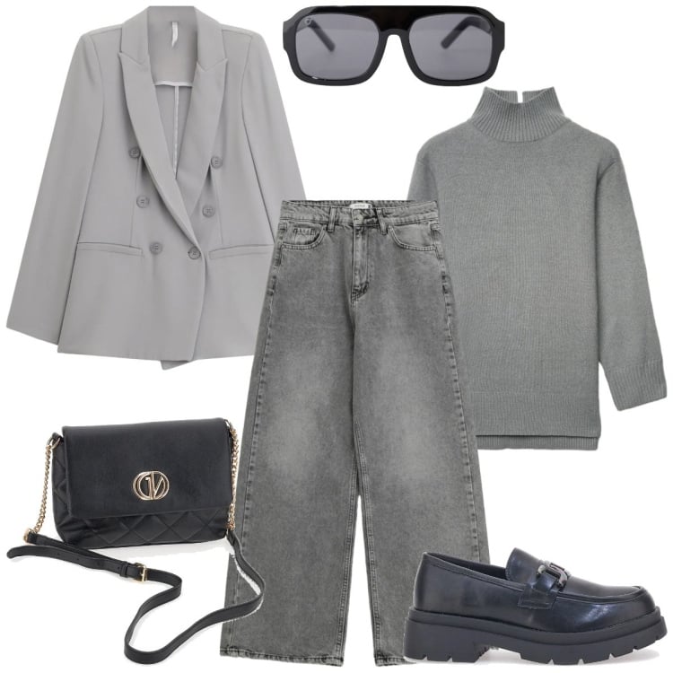 Outfit donna - Casual in ufficio. Stile Casual chic per Tutti i giorni. Abbinamento con maglieria, jeans, blazer, occhiali da sole, borse a mano, mocassini.