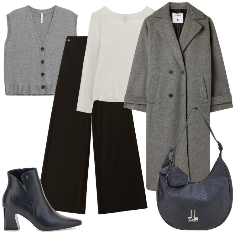 Outfit donna - Layering per i giorni freddi. Stile Urban per Tutti i giorni. Abbinamento con cappotti, pantaloni a palazzo, gilet, maglieria, stivaletti, borse a spalla.