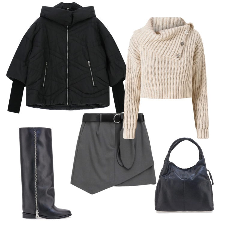 Outfit donna - Vediamoci in centro. Stile Casual chic per Ufficio. Abbinamento con bomber, minigonne, maglieria, stivali, borse a mano.