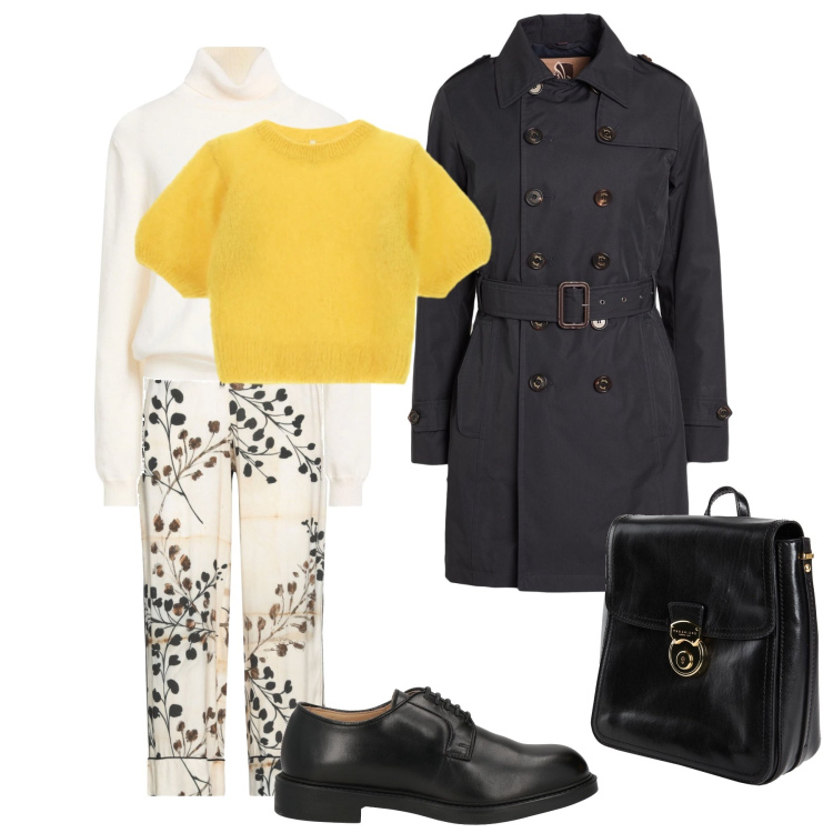 Outfit donna - Le foglie. Stile Basic per Tutti i giorni. Abbinamento con cappotti, scarpe stringate, maglieria, zaini, pantaloni, t-shirt.