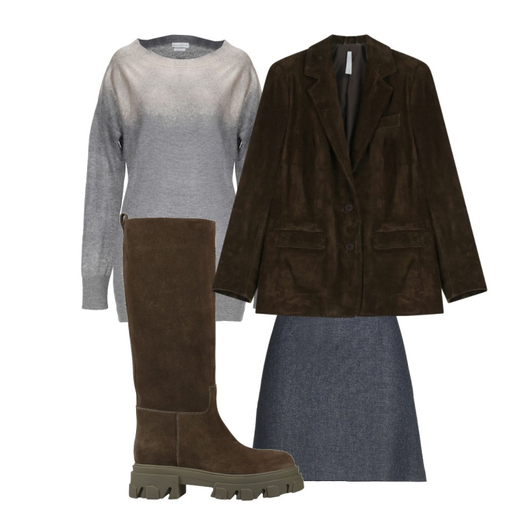 Outfit donna - Grey and brown. Stile Minimal per Ufficio. Abbinamento con pullovers, minigonne, stivali, blazer.