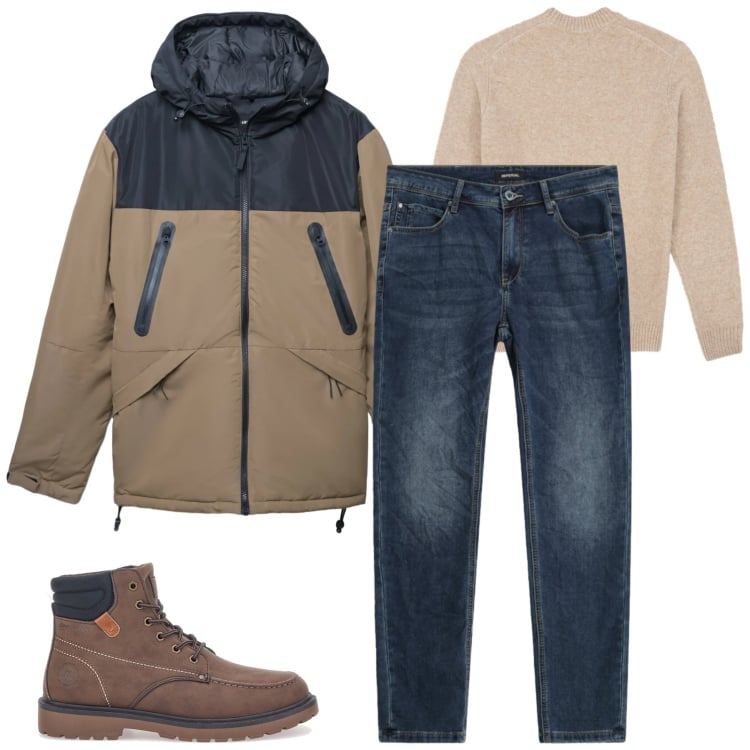 Outfit uomo - Rainy day. Stile Urban per Tutti i giorni. Abbinamento con bomber, jeans slim fit, maglieria, stivali e stivaletti.