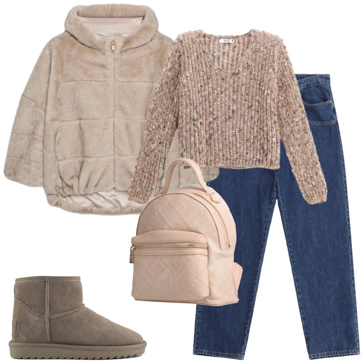 Outfit donna - Gennaio. Stile Casual per Tutti i giorni. Abbinamento con zaini, maglieria, jeans, ecopellicce, stivali.