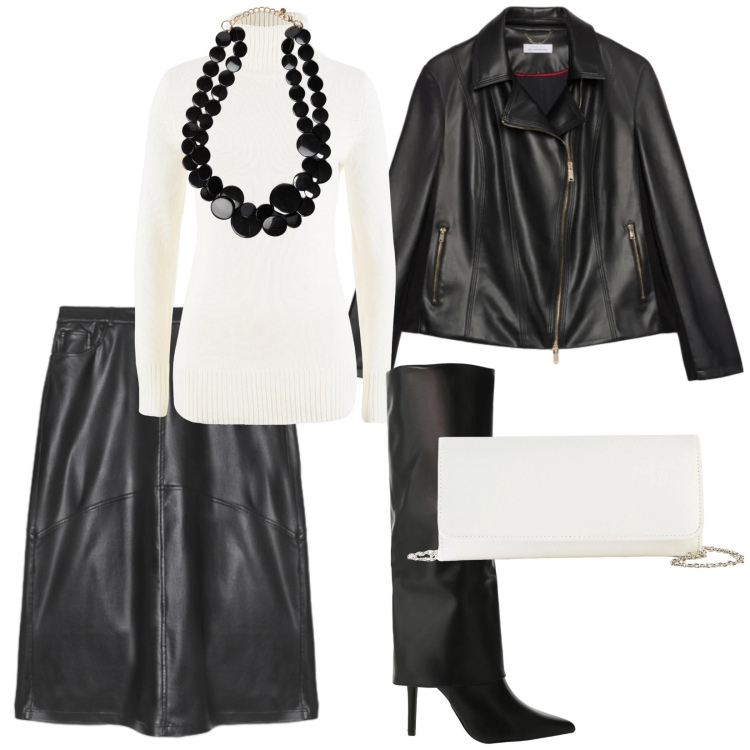 Outfit donna - Sexy in ecopelle e stivali. Stile Sexy per Serata fuori. Abbinamento con maglieria, pochette, stivali, gonne lunghe, collane, giacche.