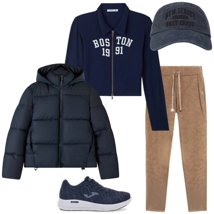 Outfit donna - Total look #2324557. Stile Sporty chic per Sport. Abbinamento con bomber, felpe, cappelli con visiera, pantaloni, sneakers.