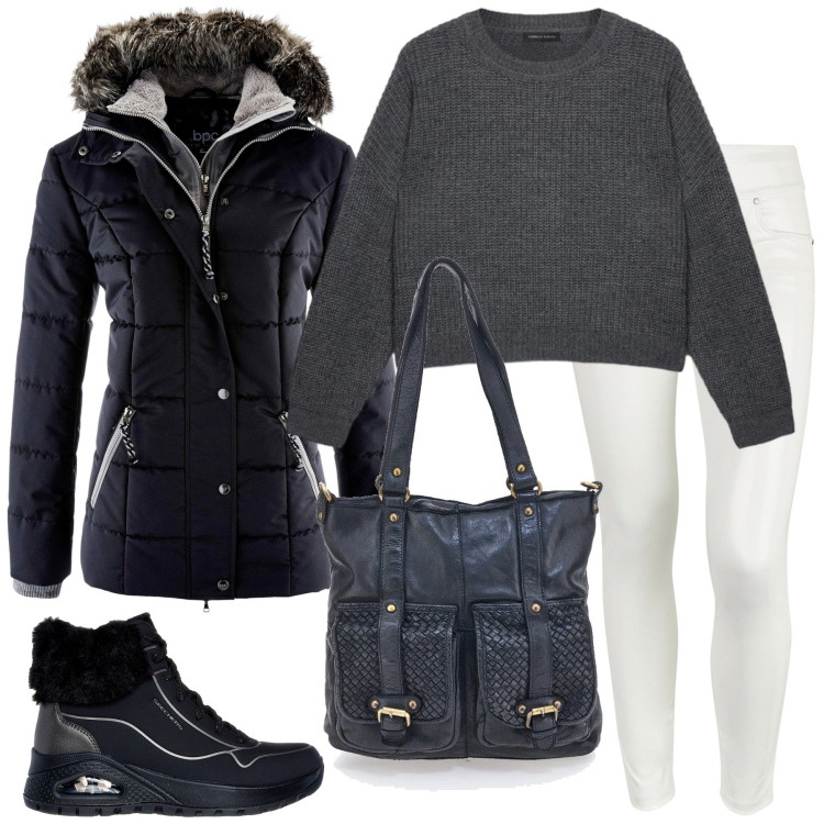 Outfit donna - Comodità urbana. Stile Basic per Tutti i giorni. Abbinamento con piumini, pantaloni skinny, sneakers alte, borse a spalla, maglieria.