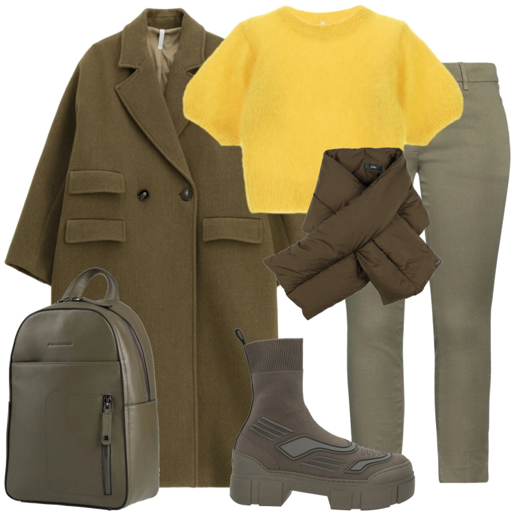 Outfit donna - Gennaio. Stile Military per Tutti i giorni. Abbinamento con stivaletti, zaini, pantaloni, sciarpe, cappotti, t-shirt.