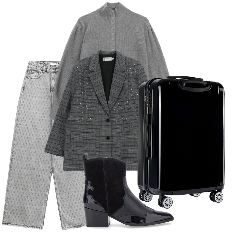 Outfit donna - Breve trasferta. Stile Glamour per Ufficio. Abbinamento con jeans, blazer, maglieria, valigie, stivaletti texani.