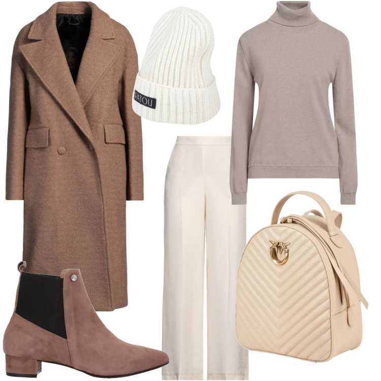 Outfit donna - Atmosfera nordica. Stile Casual chic per Tutti i giorni. Abbinamento con pantaloni, stivaletti chelsea, cappotti, zaini, maglieria, cappelli.