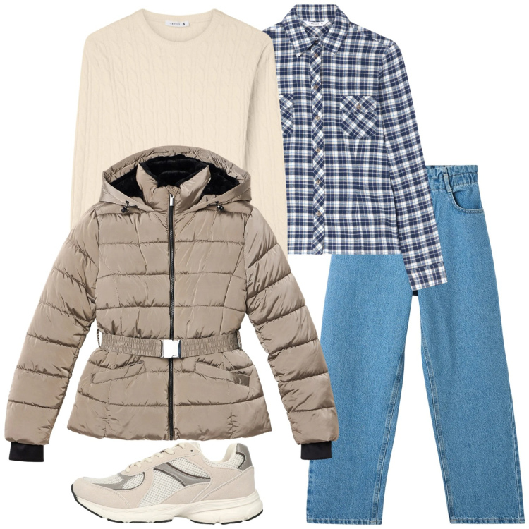 Outfit donna - A scuola. Stile Preppy per Scuola/Università. Abbinamento con camicie, maglieria, jeans, sneakers, piumini.