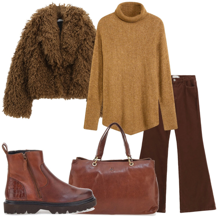 Outfit donna - Eleganza casual. Stile Casual per Tutti i giorni. Abbinamento con maglieria, pantaloni, blazer, stivaletti, borse a tracolla.