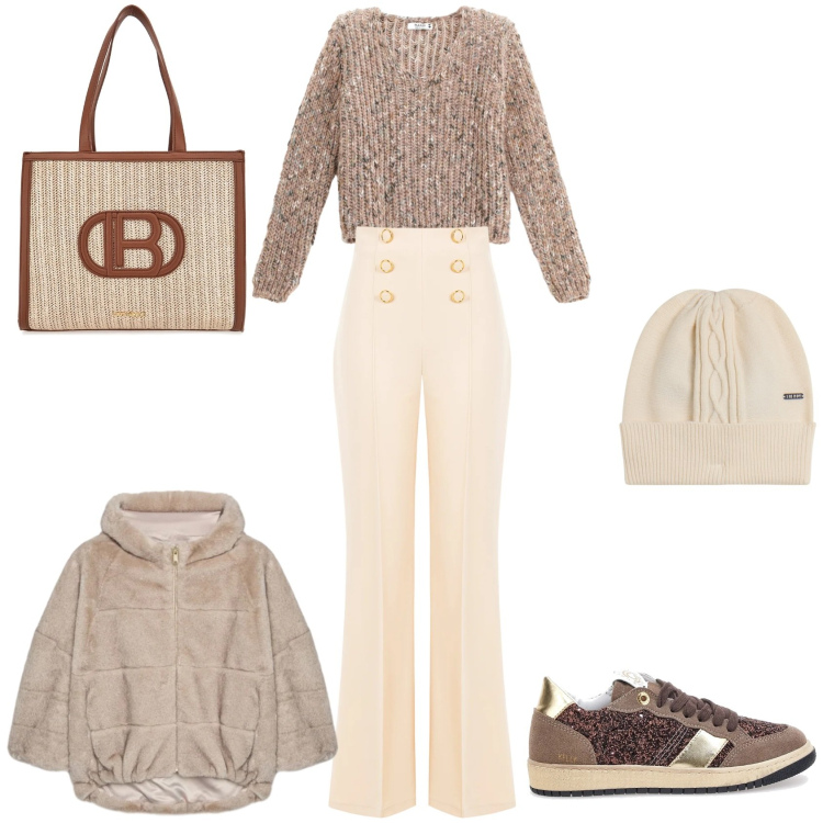 Outfit donna - Light. Stile Casual chic per Tutti i giorni. Abbinamento con maglieria, berretti, pantaloni, sneakers, ecopellicce, borse a spalla.