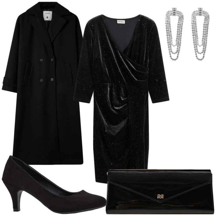 Outfit donna - Elegante in nero. Stile Chic per Serata fuori. Abbinamento con vestiti corti, décolleté, orecchini, cappotti, pochette.