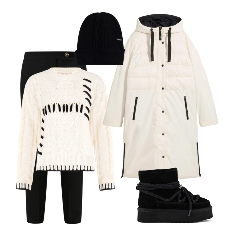 Outfit donna - Bianco a tratti nero. Stile Urban per Tutti i giorni. Abbinamento con piumini, berretti, pantaloni skinny, maglieria, stivaletti.