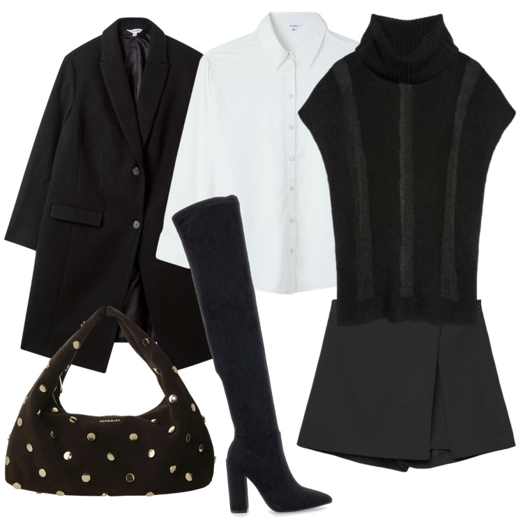 Outfit donna - Passione stivali alti. Stile Trendy per Serata fuori. Abbinamento con cappotti, camicie, gonne, borse a spalla, gilet, stivali.