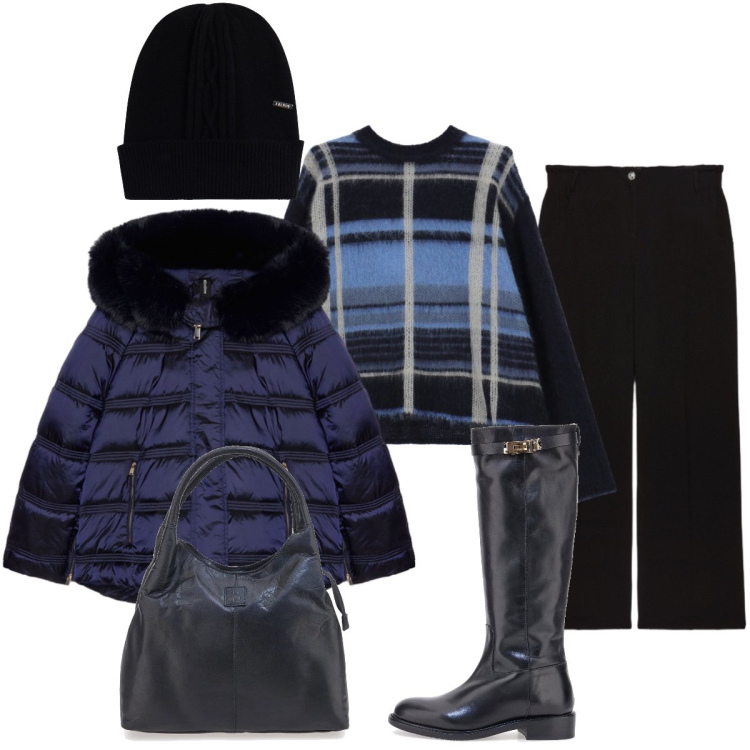 Outfit donna - In città. Stile Casual chic per Tutti i giorni. Abbinamento con maglieria, berretti, piumini, stivali, pantaloni a palazzo, borse a mano.