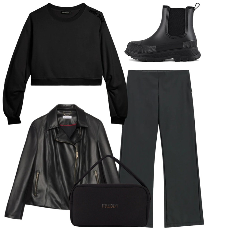 Outfit donna - Total look. Stile Casual per Tutti i giorni. Abbinamento con pantaloni, borse a mano, felpe, stivali, giacche.