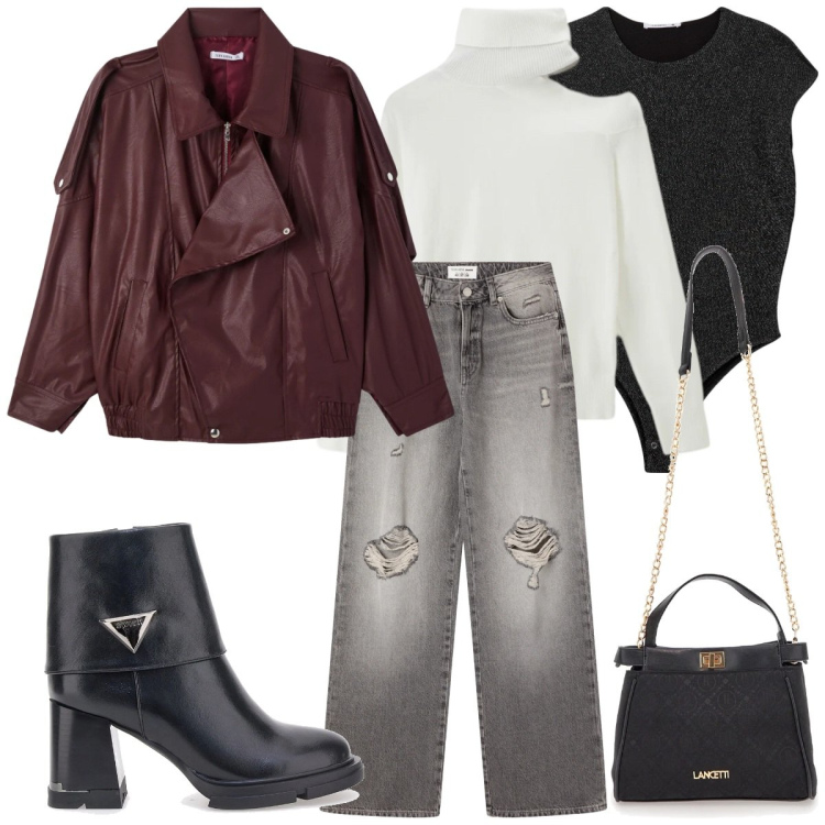 Outfit donna - Gennaio minimal. Stile Casual chic per Tutti i giorni. Abbinamento con body, jeans strappati, giacche, maglieria, borse a tracolla, stivaletti.