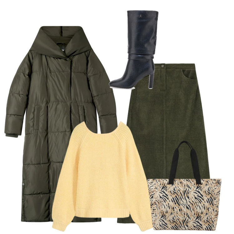 Outfit donna - Total look. Stile Bon Ton per Ufficio. Abbinamento con maglieria, cappotti, gonne lunghe, shopping bag, stivali.