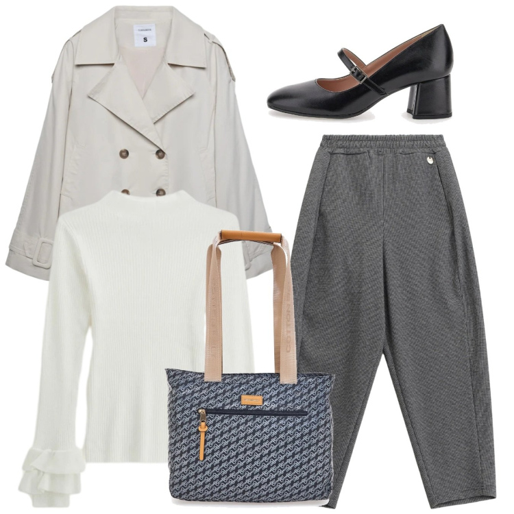 Outfit donna - Tocco bon ton. Stile Bon Ton per Ufficio. Abbinamento con caban, pantaloni, maglieria, décolleté, borse a spalla.