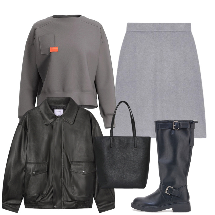 Outfit donna - Total grey. Stile Trendy per Tutti i giorni. Abbinamento con borse tote, giacche, gonne, stivali, felpe.