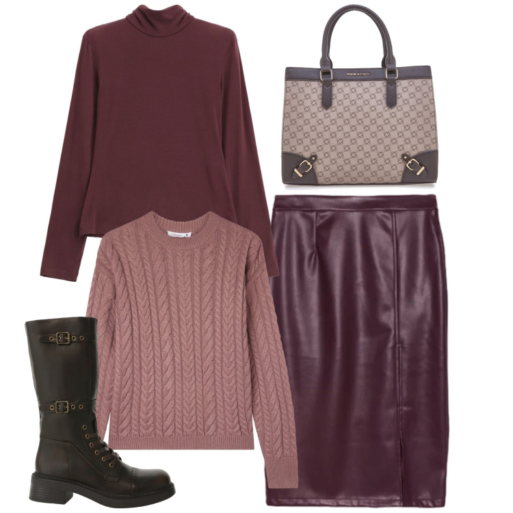 Outfit donna - Total wine. Stile Bon Ton per Tutti i giorni. Abbinamento con maglieria, maglieria, stivali, borse a tracolla, gonne longuette.