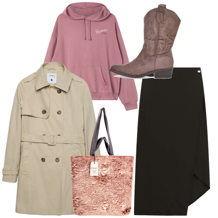 Outfit donna - Trendy look. Stile Bon Ton per Tutti i giorni. Abbinamento con felpe con cappuccio, trench, gonne lunghe, borse tote, stivaletti texani.