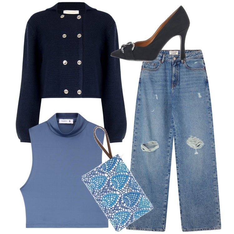 Outfit donna - Total blue. Stile Casual chic per Serata fuori. Abbinamento con top, jeans strappati, blazer, décolleté, pochette.