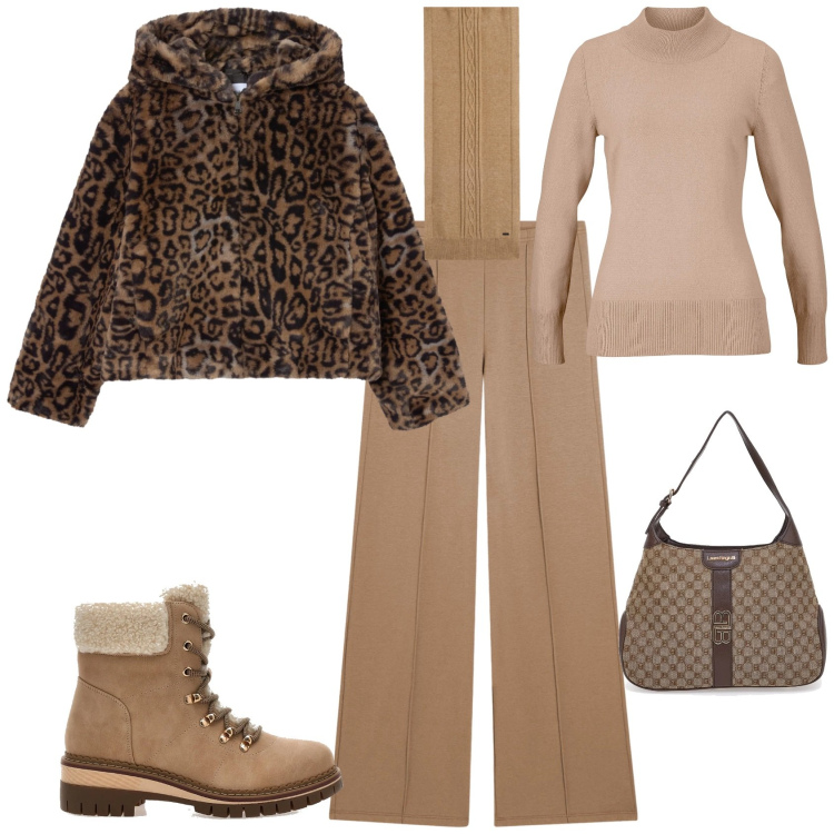 Outfit donna - Animalier e cammello chi. Stile Sporty chic per Tutti i giorni. Abbinamento con maglieria, ecopellicce, pantaloni, sciarpe, borse a spalla, anfibi.