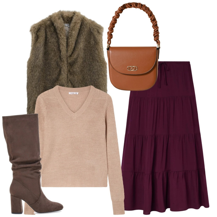 Outfit donna - Total look. Stile Bon Ton per Tutti i giorni. Abbinamento con gonne lunghe, maglieria, blazer, borse a mano, stivali sopra il ginocchio.