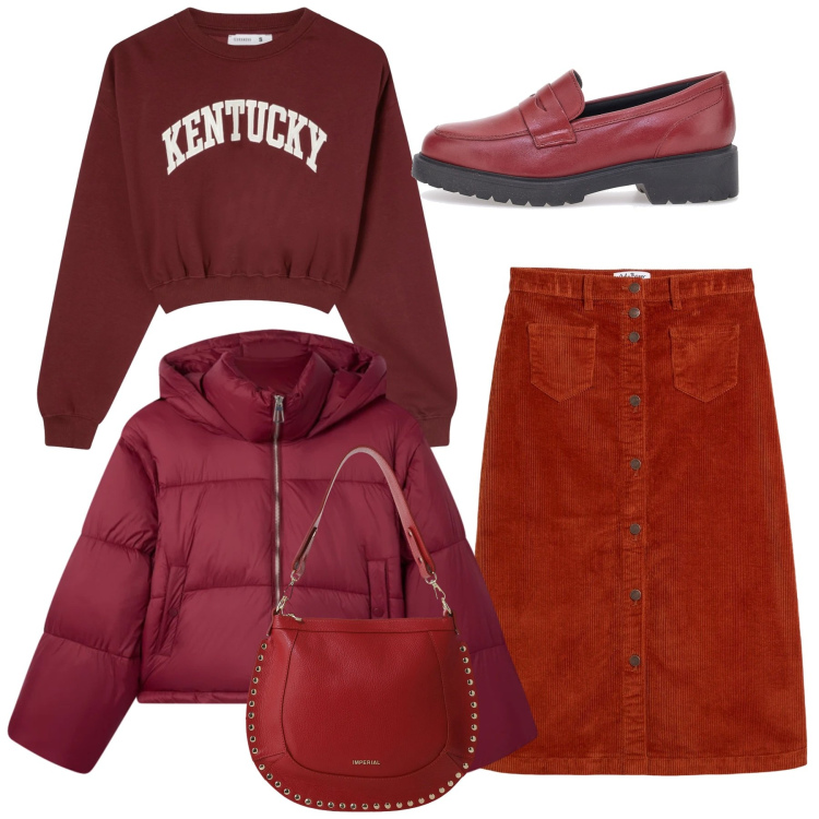 Outfit donna - Total red. Stile Bon Ton per Ufficio. Abbinamento con gonne longuette, felpe, bomber, borse a spalla, mocassini.